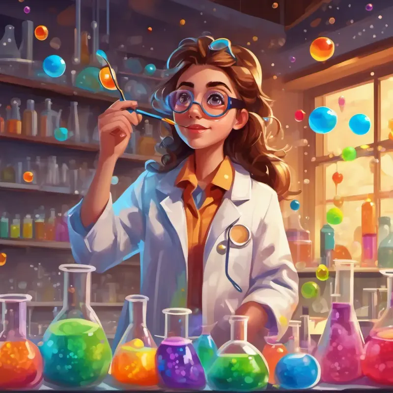 Curious girl with brown hair, wearing lab coat and goggles in a lab with beakers and a spatula, surrounded by colorful liquids and bubbles.