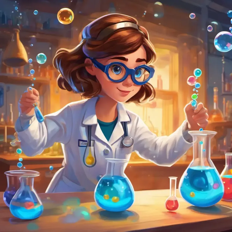 Curious girl with brown hair, wearing lab coat and goggles pouring blue liquid into a beaker, with colorful beakers around her and bubbles floating.