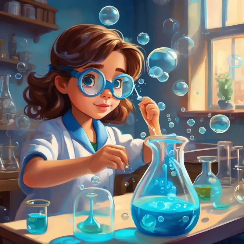 Curious girl with brown hair, wearing lab coat and goggles adding more liquids to the beakers, creating different shades of blue, with bubbles floating around.