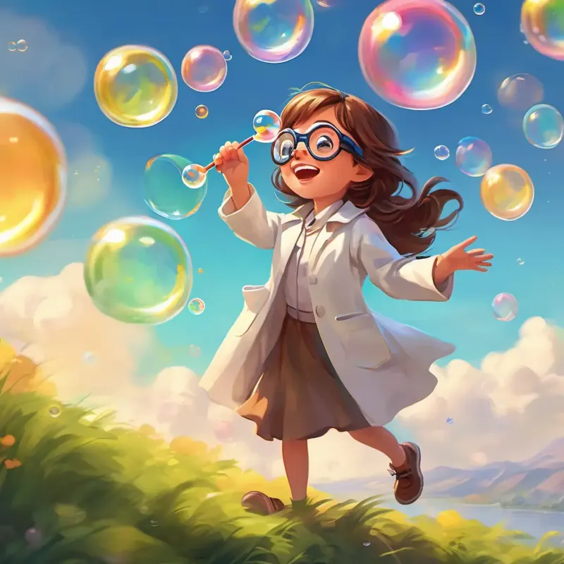 Curious girl with brown hair, wearing lab coat and goggles blowing bubbles of different colors, with a big smile on her face as she watches them float in the air.