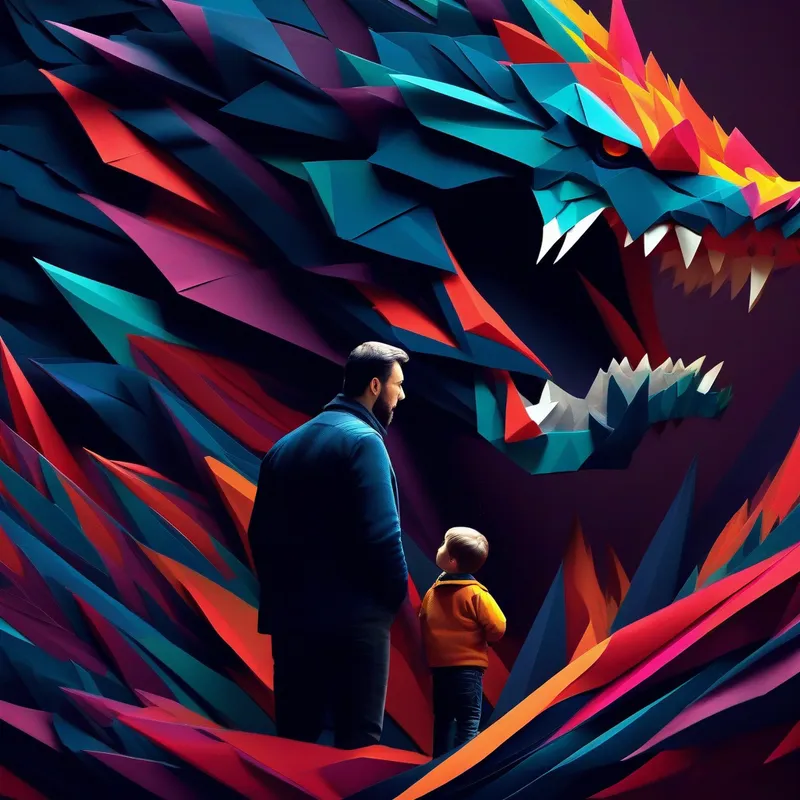 Father and Son attentively observing the Giant and ferocious with sharp teeth, dark colors, bright colors