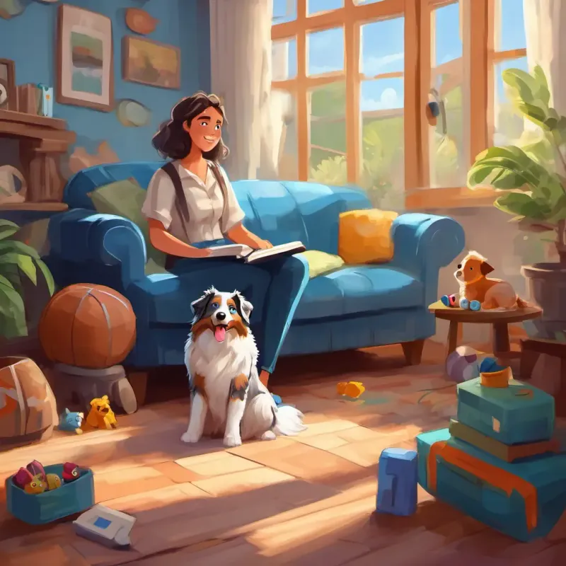 Introduction of Fluffy, blue-eyed Australian Shepherd who loves to talk and play and the children, in their cozy home with a big yard, with toys and couches.