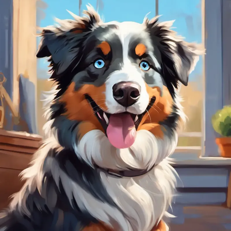 Fluffy, blue-eyed Australian Shepherd who loves to talk and play sitting with the kids, talking about his dreams, with a big smile on his face.