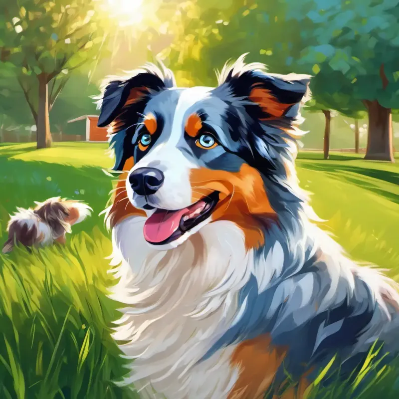 Fluffy, blue-eyed Australian Shepherd who loves to talk and play telling the kids about his fun day in the yard, with bright sunshine and green grass all around.