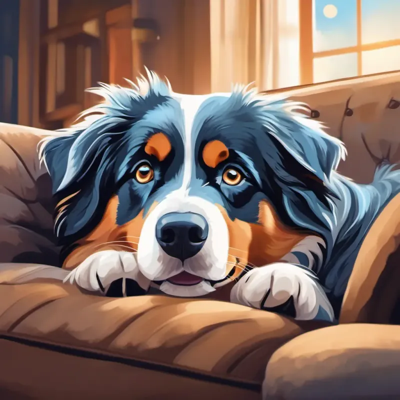 Fluffy, blue-eyed Australian Shepherd who loves to talk and play curled up on the couch, expressing his love for sleeping and feeling cozy.