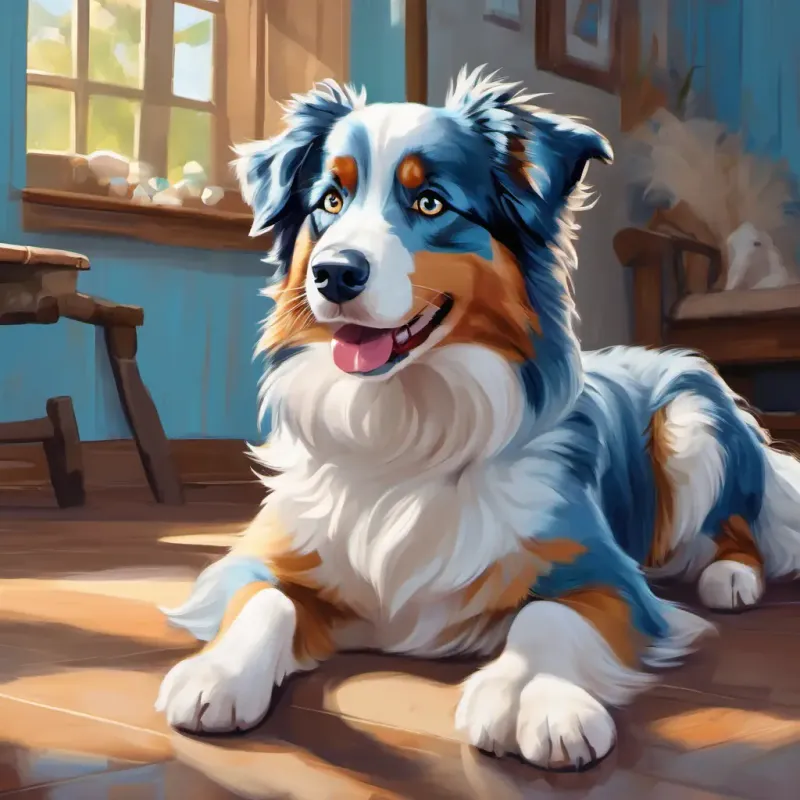 Fluffy, blue-eyed Australian Shepherd who loves to talk and play talking about finding a treat on the floor, with a mischievous expression on his face.