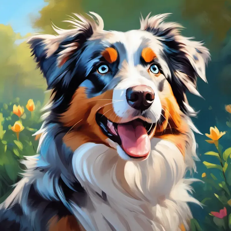 Fluffy, blue-eyed Australian Shepherd who loves to talk and play asking the kids about his barking and the birds, with bright, inquisitive eyes.