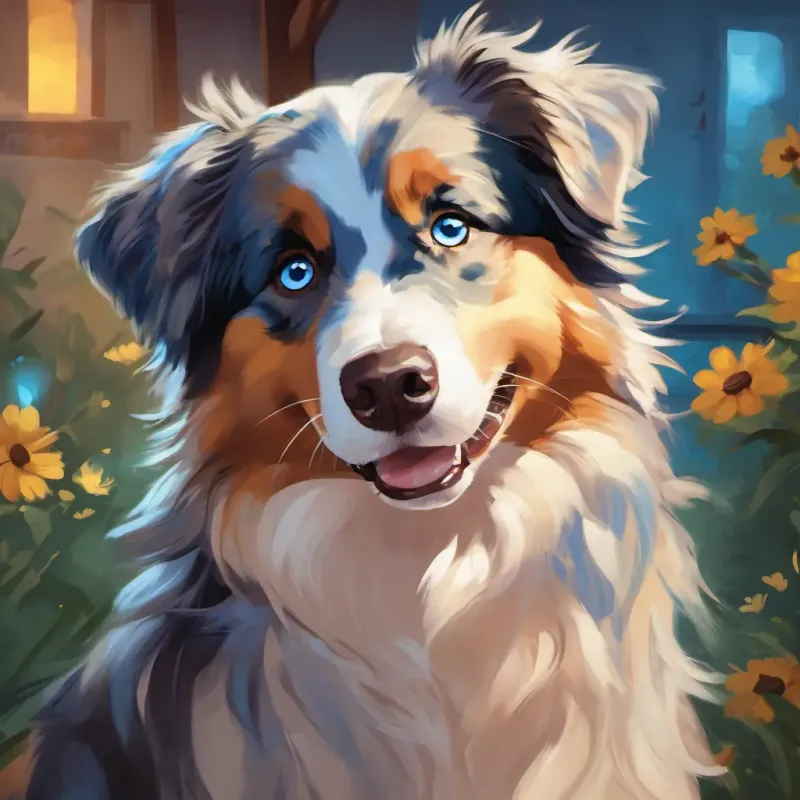 Fluffy, blue-eyed Australian Shepherd who loves to talk and play expressing his love for the kids, with lots of hugs and warmth all around. A happy ending.