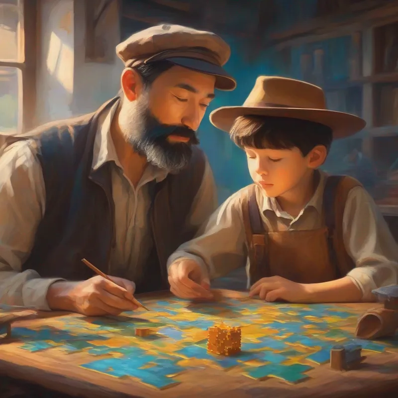 Kind man with a beard, wearing a hat and son solving a puzzle together