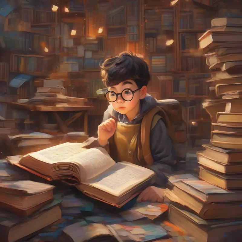 Curious boy with glasses, holding a book and a calculator reading books surrounded by numbers