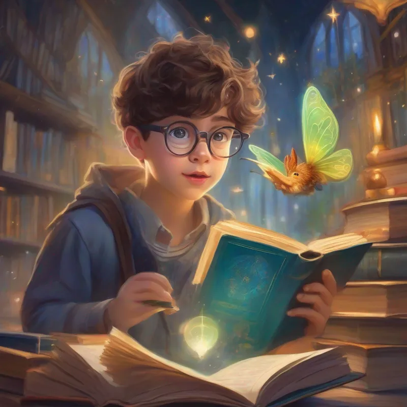 Curious boy with glasses, holding a book and a calculator talking to a magical fairy