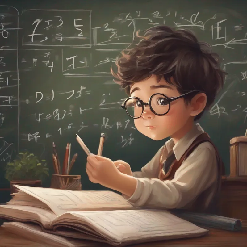 Curious boy with glasses, holding a book and a calculator writing equations on a chalkboard