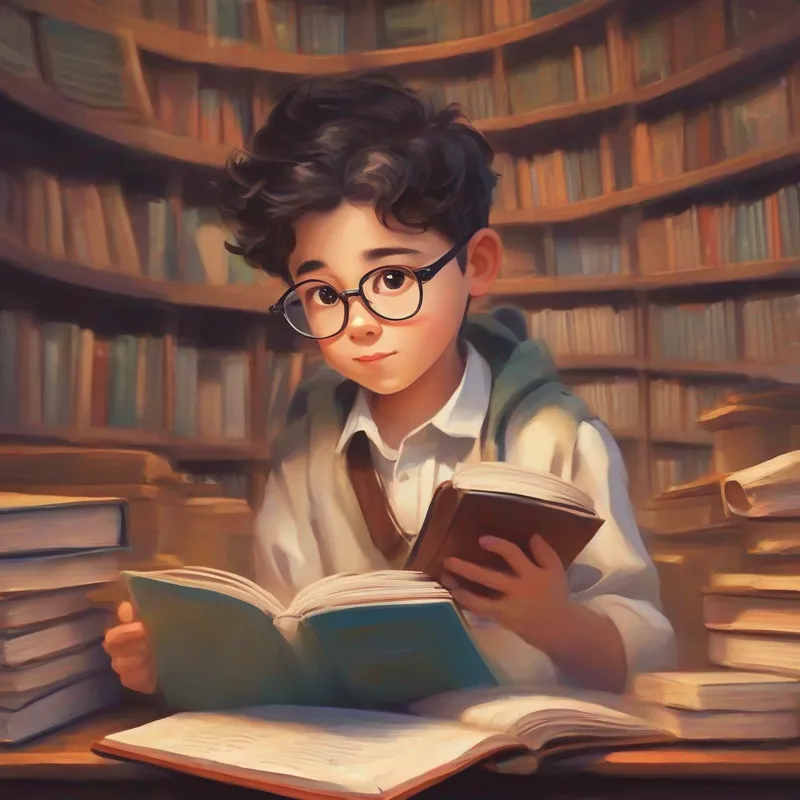 Curious boy with glasses, holding a book and a calculator teaching a group of people