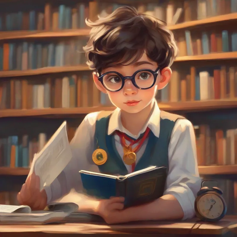 Curious boy with glasses, holding a book and a calculator receiving a medal for his achievements