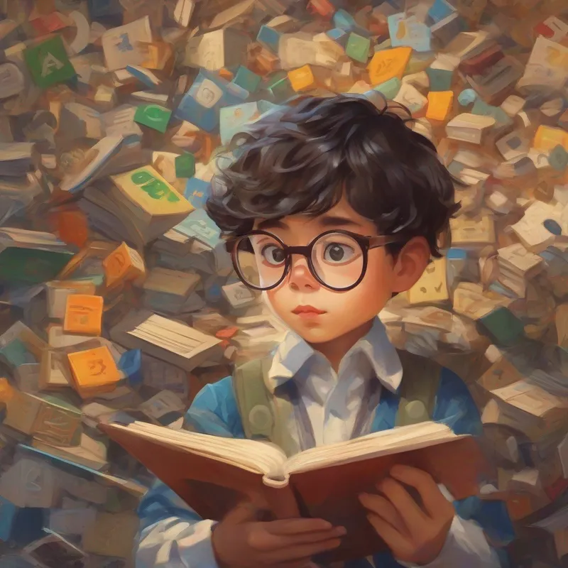 Curious boy with glasses, holding a book and a calculator surrounded by numbers and symbols