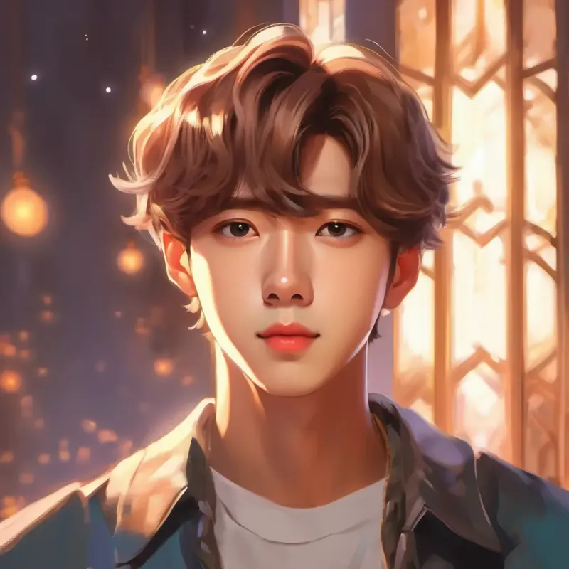 BTS member, kind gaze, with charismatic stage presence, light brown eyes of BTS approaches the main character.