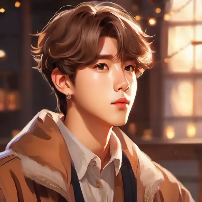 BTS member, kind gaze, with charismatic stage presence, light brown eyes compliments the main character, a tender moment.
