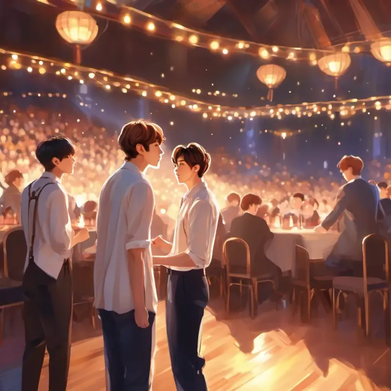 BTS member, kind gaze, with charismatic stage presence, light brown eyes is about to propose, a pivotal moment.