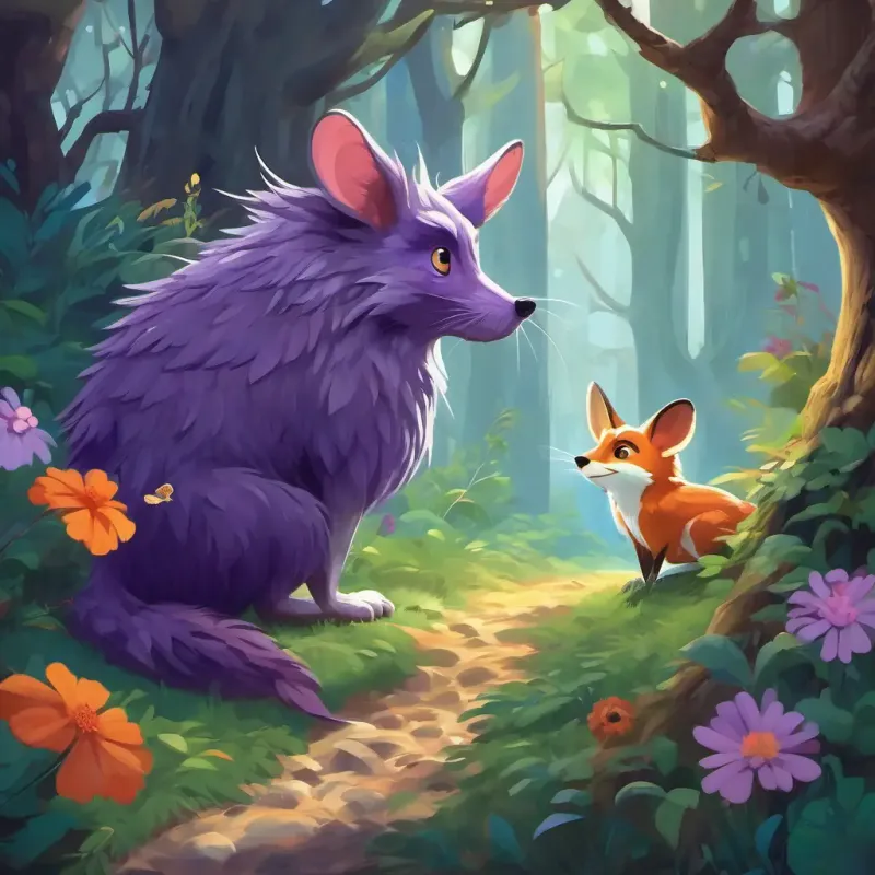 The mouse and the Huge creature with purple prickles all over its back, initially scared of the mouse meet a fox, an owl, and a snake along the way.