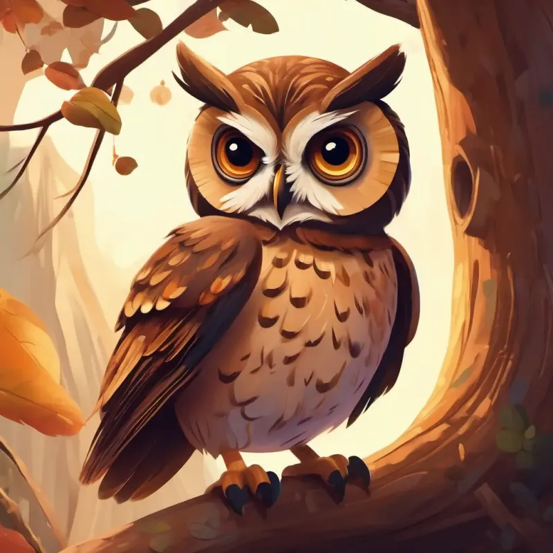 An owl in kid's attire, brown feathers, big round eyes is in his tree home, looking out.
