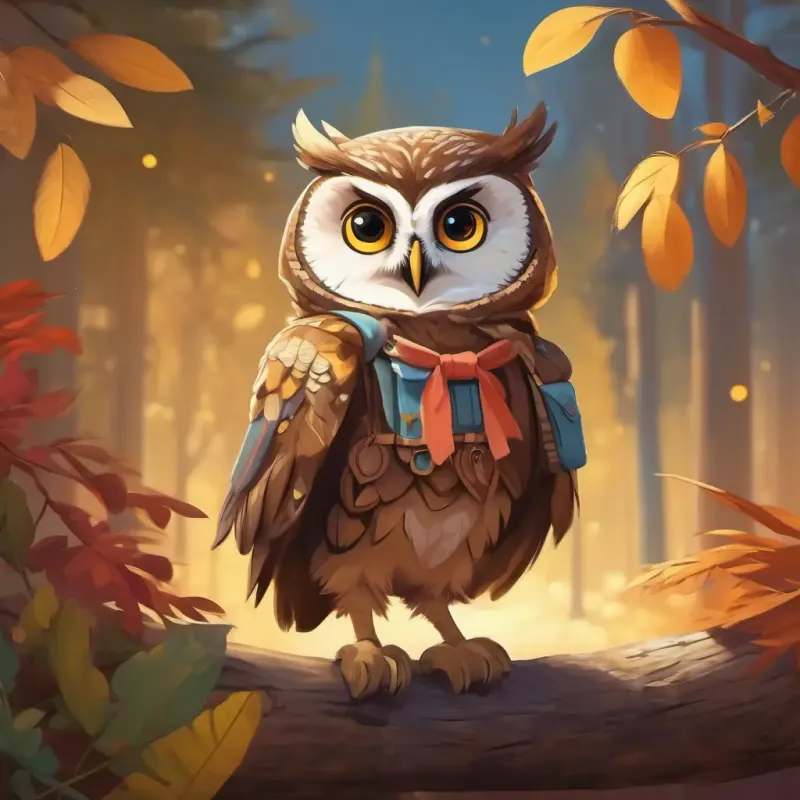 An owl in kid's attire, brown feathers, big round eyes dressed in child's clothes, possibly ready for an adventure.