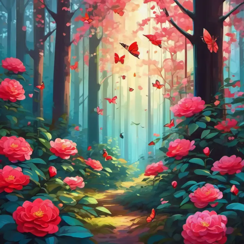 Vibrant forest scene with camellias and butterflies.