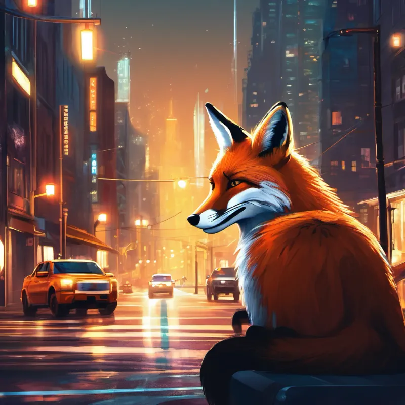 Cityscape encounter, fox mesmerized by the urban lights.