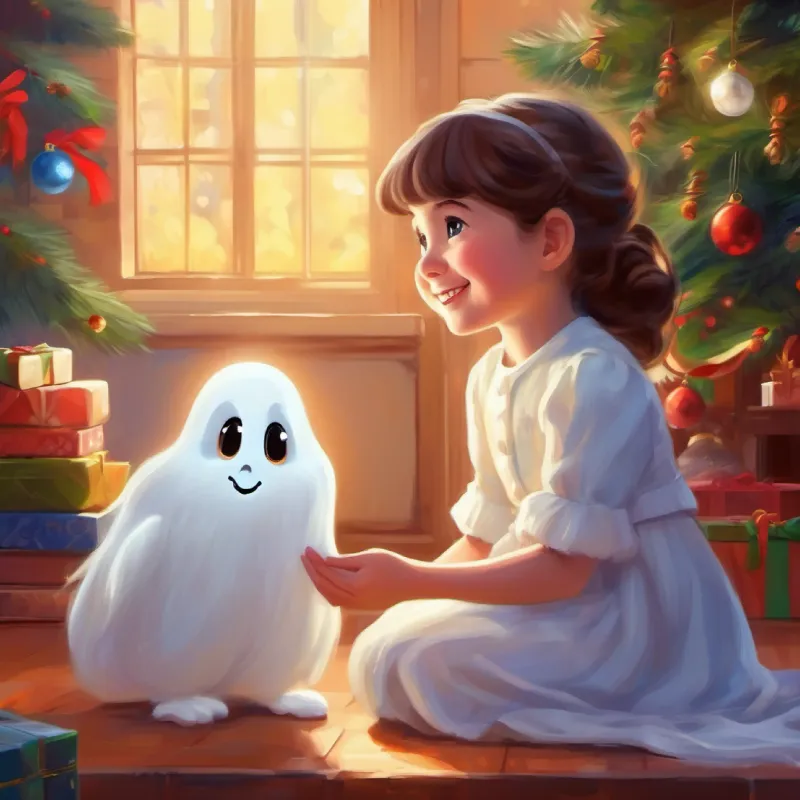 The lessons Small white ghost, curious eyes, friendly demeanor and Little girl, kind smile, gentle voice learn about kindness and friendship.