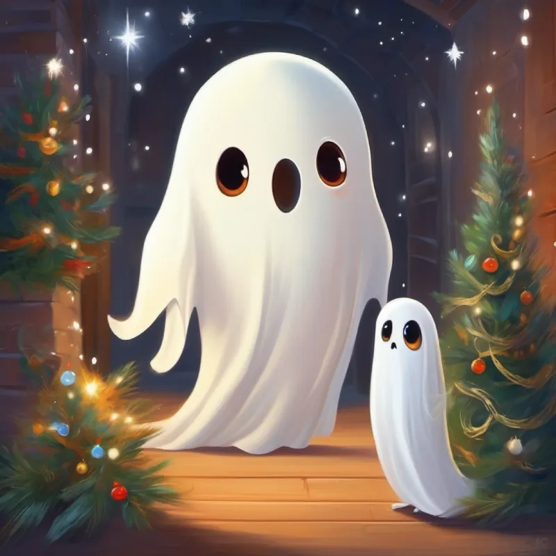 Small white ghost, curious eyes, friendly demeanor hears Little girl, kind smile, gentle voice's lullaby, shows his interest in her.