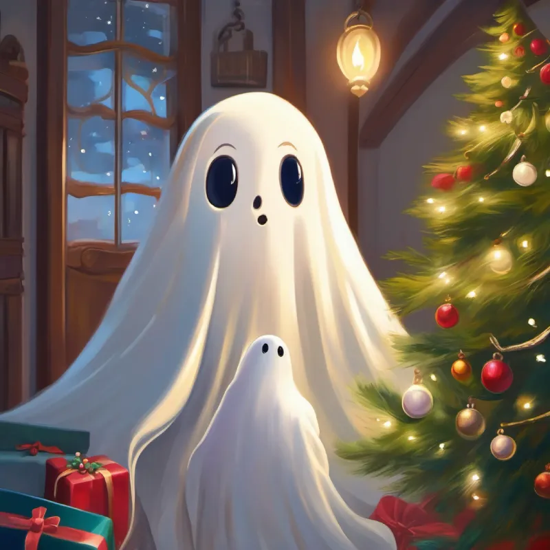 Small white ghost, curious eyes, friendly demeanor's desire and fear of being close to Little girl, kind smile, gentle voice exposed.