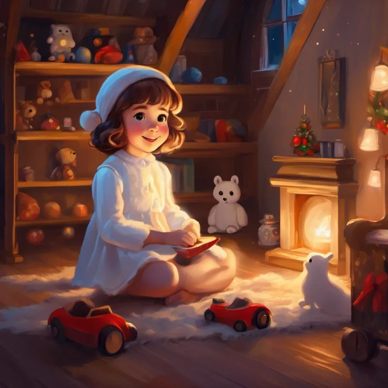 Little girl, kind smile, gentle voice's teddy bear in the attic, Small white ghost, curious eyes, friendly demeanor feels compelled to act.