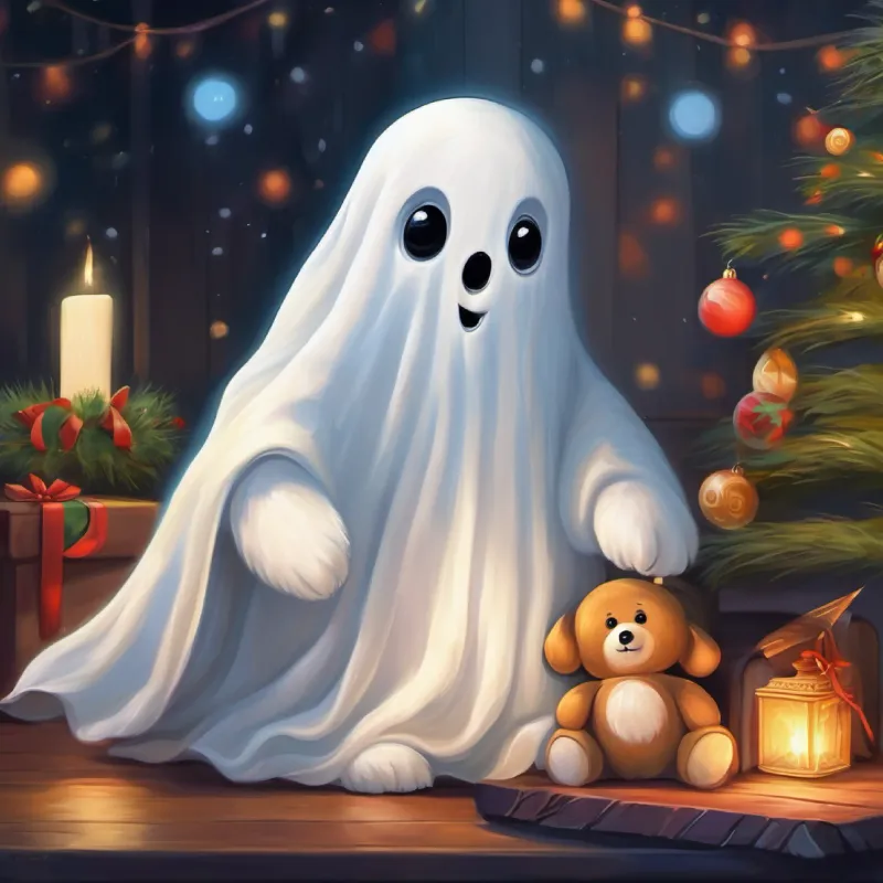 Small white ghost, curious eyes, friendly demeanor decides to return the teddy bear, overcoming his initial hesitation.