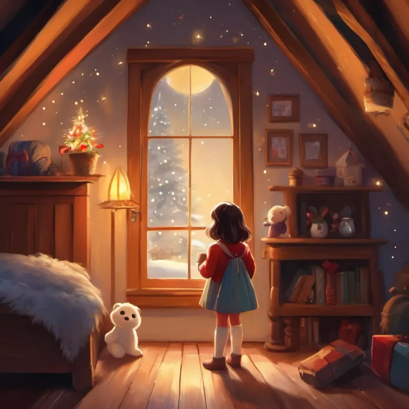 Little girl, kind smile, gentle voice searches for her teddy, approaches the attic where Small white ghost, curious eyes, friendly demeanor is.