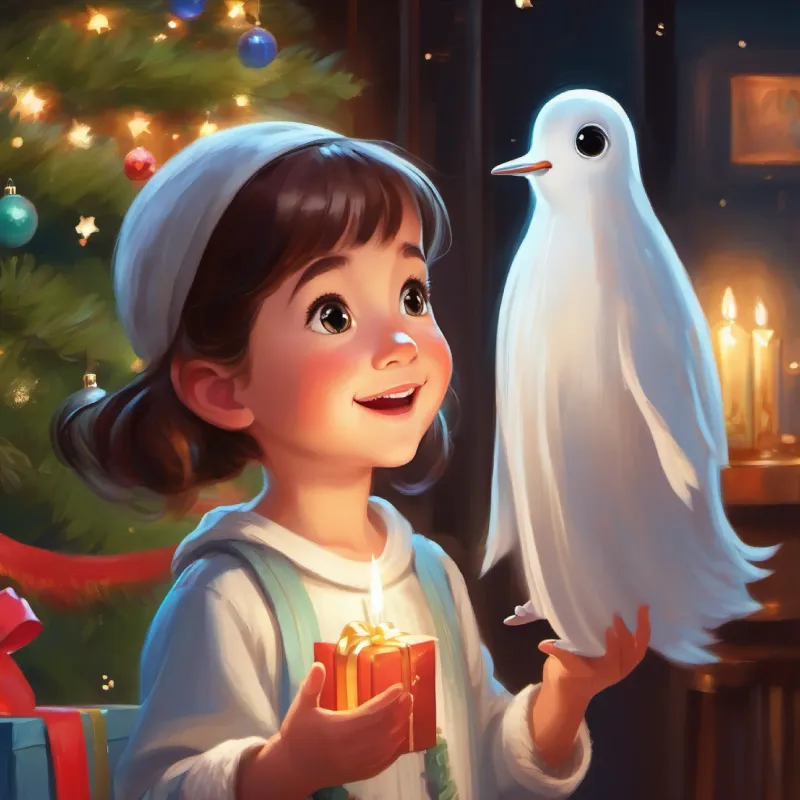 Little girl, kind smile, gentle voice and Small white ghost, curious eyes, friendly demeanor see each other for the first time, a tense moment.