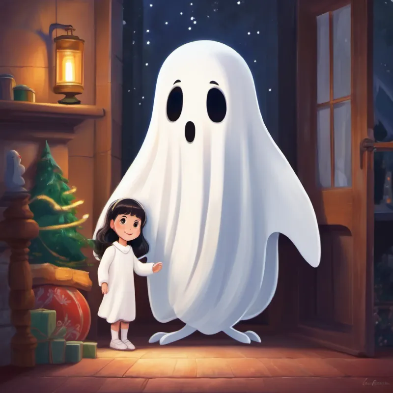 Small white ghost, curious eyes, friendly demeanor and Little girl, kind smile, gentle voice build a friendship, overcoming Small white ghost, curious eyes, friendly demeanor's fears.