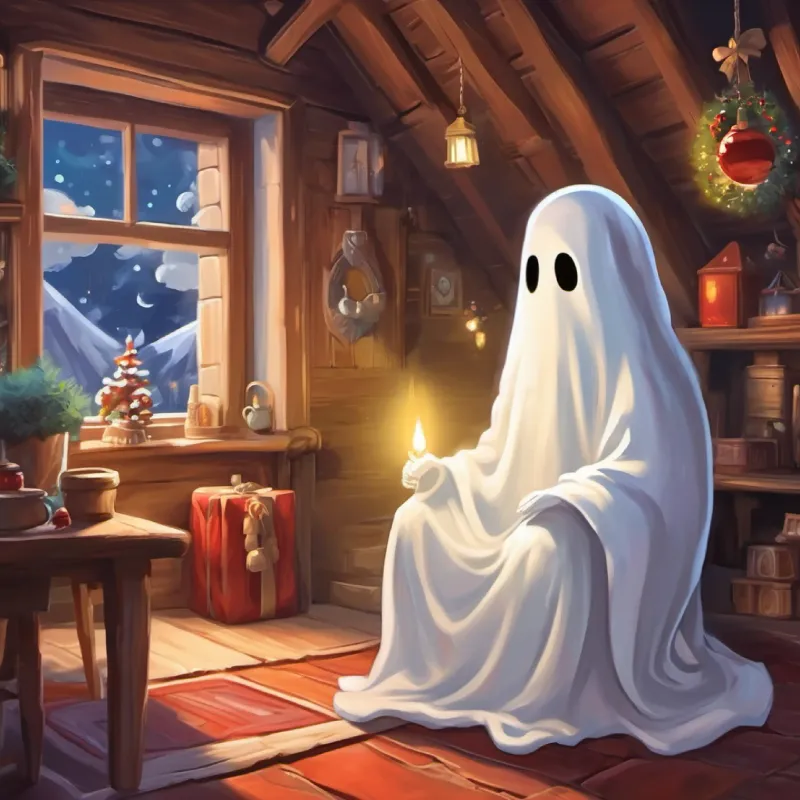 Introduction to Small white ghost, curious eyes, friendly demeanor the ghost, his attic home, and the human family.