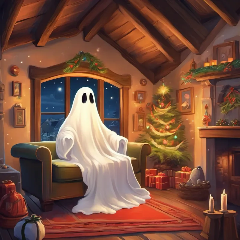 Introduction to Small white ghost, curious eyes, friendly demeanor the ghost, his attic home, and the human family.