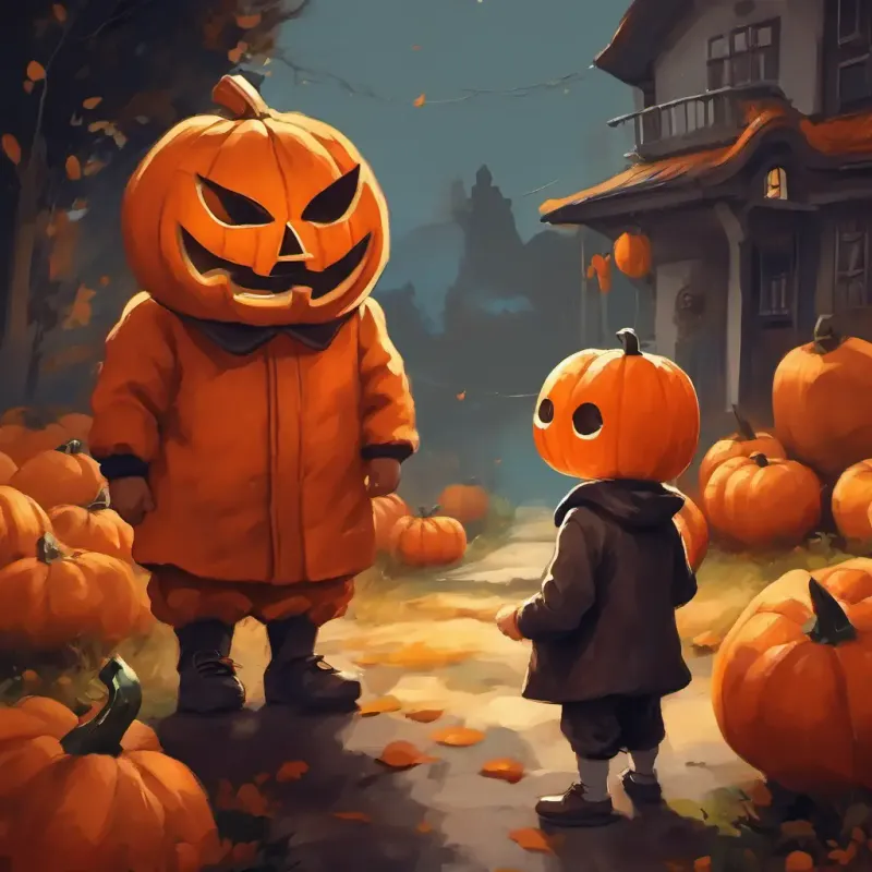A boy dressed as a pumpkin, with an orange suit and a big pumpkin mask' mother looking understanding, while A boy dressed as a pumpkin, with an orange suit and a big pumpkin mask looks guilty and promises to be honest.
