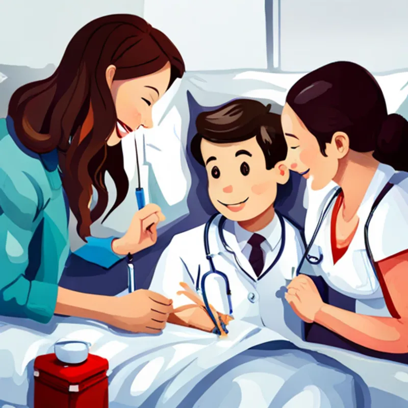 The A little boy with dark hair and a big smile. lying in bed with his The parents talking with a A kind doctor in a white coat. and holding hands. next to him, comforting him