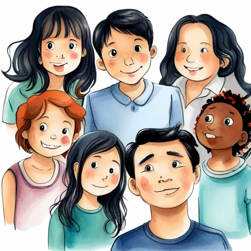 The A little boy with dark hair and a big smile. looking at his A diverse group of girlren with different backgrounds. and feeling curious