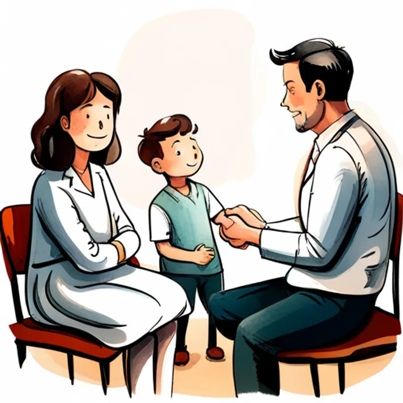 The The parents talking with a A kind doctor in a white coat. and holding hands. sitting with the A little boy with dark hair and a big smile., having a conversation