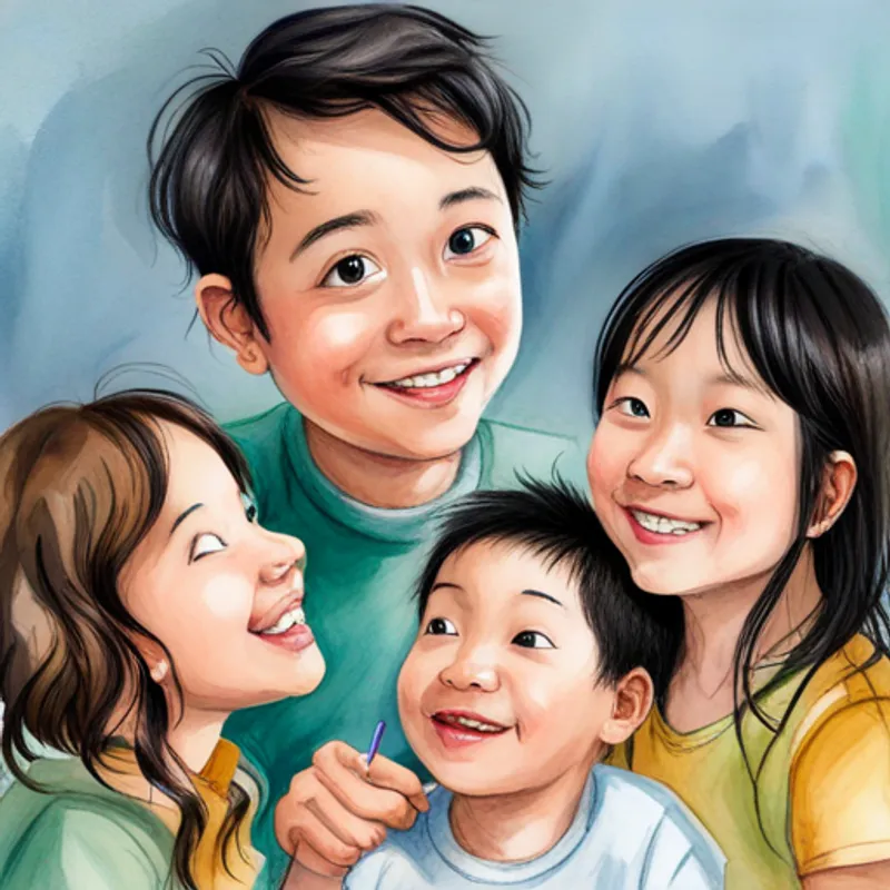 The A little boy with dark hair and a big smile. talking and playing with A diverse group of girlren with different backgrounds. of different backgrounds