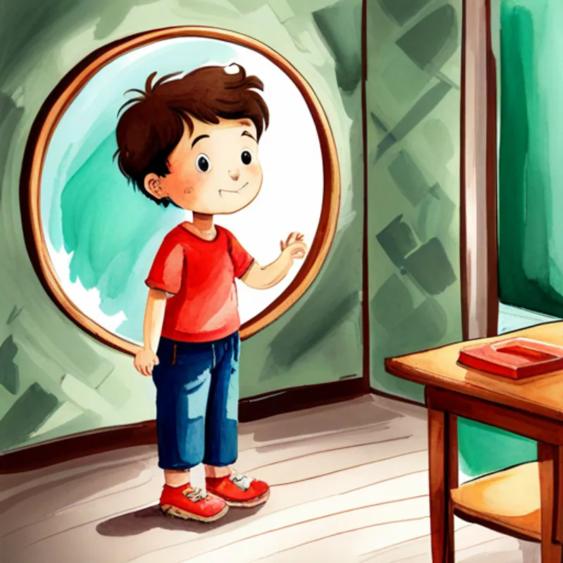 The A little boy with dark hair and a big smile. looking in the mirror, feeling confident