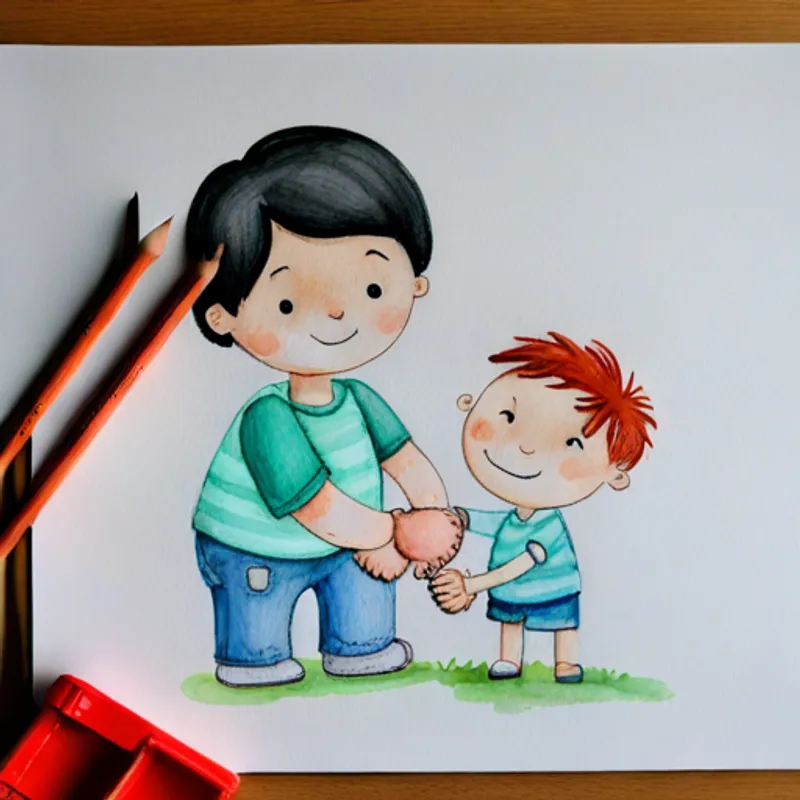 The A little boy with dark hair and a big smile. helping a friend and smiling