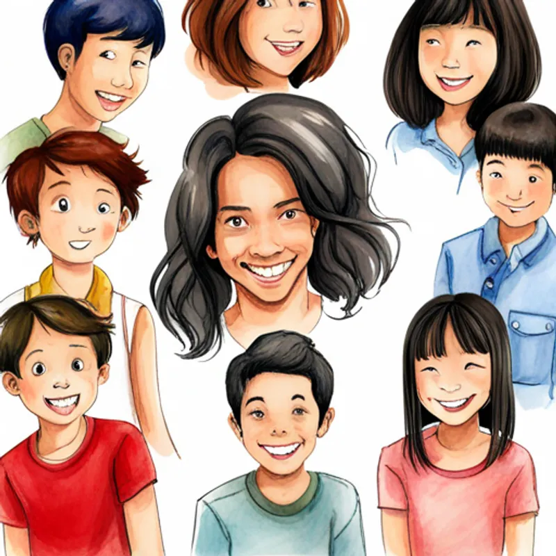 The A little boy with dark hair and a big smile. surrounded by a diverse group of A diverse group of girlren with different backgrounds.