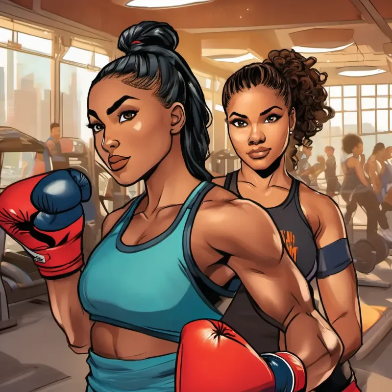 Ariya is adventurous and determined, with shimmering brown eyes and warm olive skin and Janel is loyal and spirited, with lively hazel eyes and sun-kissed honey skin stand in awe, watching the boxers train. The gym is filled with the smell of sweat and determination, and the walls are adorned with motivational posters and bright boxing gloves.
