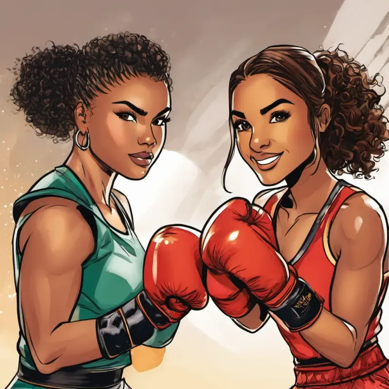 Ariya is adventurous and determined, with shimmering brown eyes and warm olive skin and Janel is loyal and spirited, with lively hazel eyes and sun-kissed honey skin enter the ring, feeling a mix of excitement and nerves. The coach, a friendly and encouraging figure, guides them through the basics of boxing and cheers them on as they try their best.