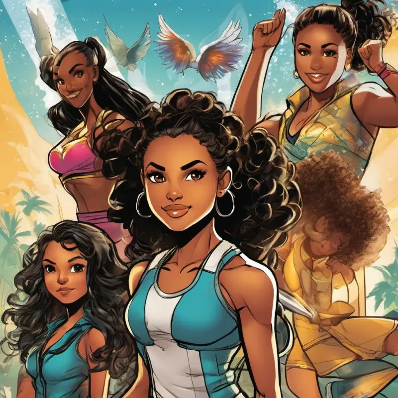 Ariya is adventurous and determined, with shimmering brown eyes and warm olive skin and Janel is loyal and spirited, with lively hazel eyes and sun-kissed honey skin move with purpose and determination, their movements synchronized as they practice their techniques. The gym echoes with the energy of their efforts, and their spirits soar as they push themselves to improve.