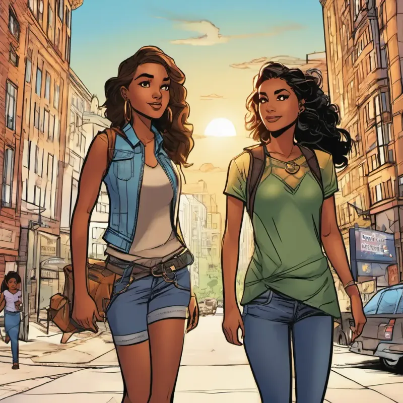 Ariya is adventurous and determined, with shimmering brown eyes and warm olive skin and Janel is loyal and spirited, with lively hazel eyes and sun-kissed honey skin walk side by side, their bond unbreakable and their spirits high. The cityscape before them promises new adventures and challenges, but they face it with unwavering courage and the knowledge that they are stronger together.