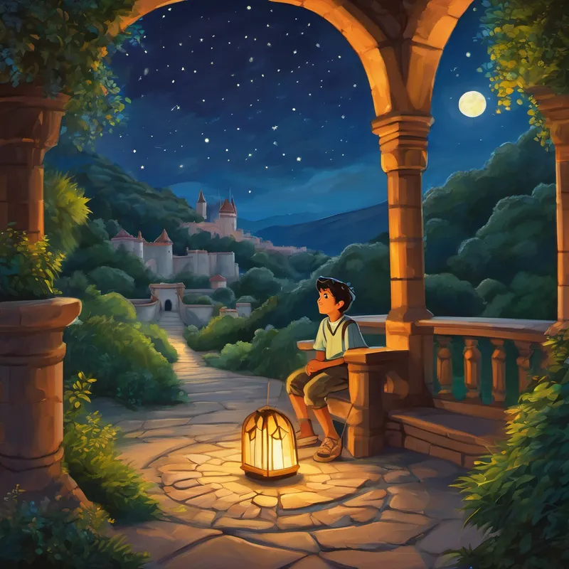 Había una vez en un lejano castillo un personaje principal llamado Diego. Diego era un niño valiente y curioso de 8 años. Después de la cena, mientras todos se preparaban para dormir, Diego decidió dar un paseo por los hermosos jardines del castillo para despejar su mente antes de acostarse. Mientras caminaba bajo la luz de la luna, sintió un escalofrío corriendo por su espalda. De repente, una misteriosa figura emergió de entre las sombras de los árboles. Era un anciano sabio con una larga barba blanca y ojos brillantes como estrellas. Diego se quedó asombrado ante esta figura misteriosa.